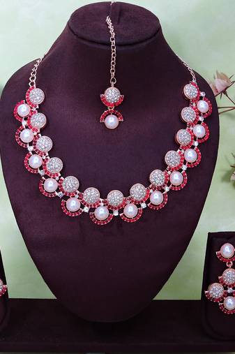 Pink rose gold premium designer american diamond and stone work necklace set