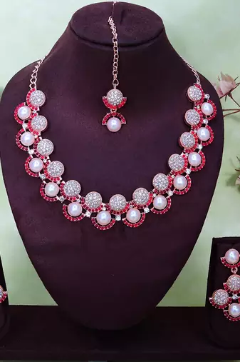 Pink rose gold premium designer american diamond and stone work necklace set