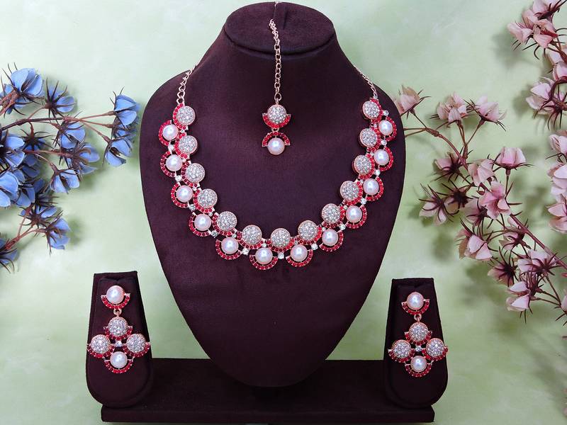 Pink rose gold premium designer american diamond and stone work necklace set