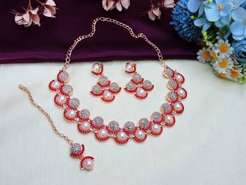 Pink rose gold premium designer american diamond and stone work necklace set 2