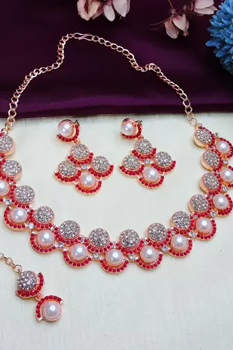 Pink rose gold premium designer american diamond and stone work necklace set