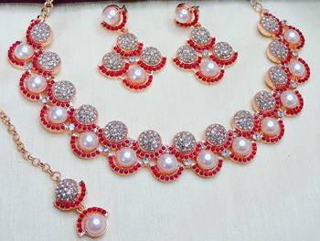 Pink rose gold premium designer american diamond and stone work necklace set 3