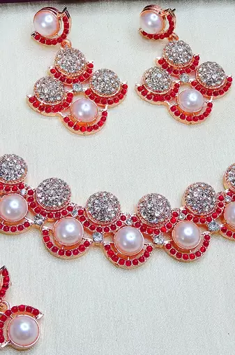 Pink rose gold premium designer american diamond and stone work necklace set