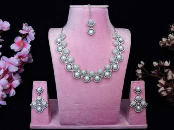 White rhodium premium designer american diamond and stone work necklace set 1