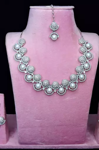 White rhodium premium designer american diamond and stone work necklace set