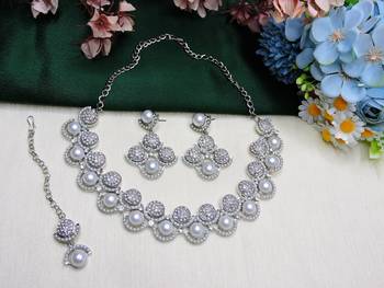 White rhodium premium designer american diamond and stone work necklace set 2