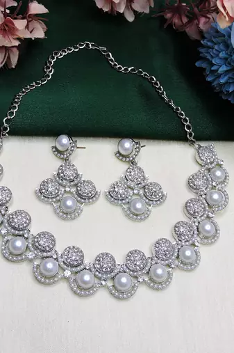 White rhodium premium designer american diamond and stone work necklace set