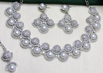 White rhodium premium designer american diamond and stone work necklace set 3