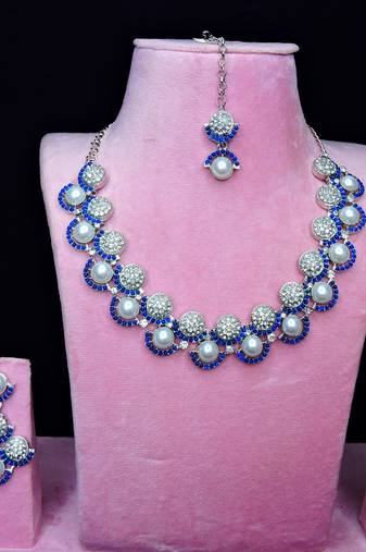 Blue rhodium premium designer american diamond and stone work necklace set