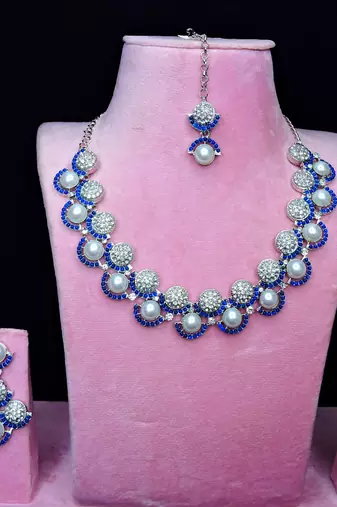 Blue rhodium premium designer american diamond and stone work necklace set
