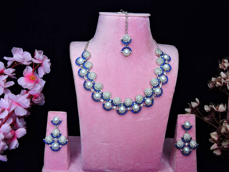 Blue rhodium premium designer american diamond and stone work necklace set
