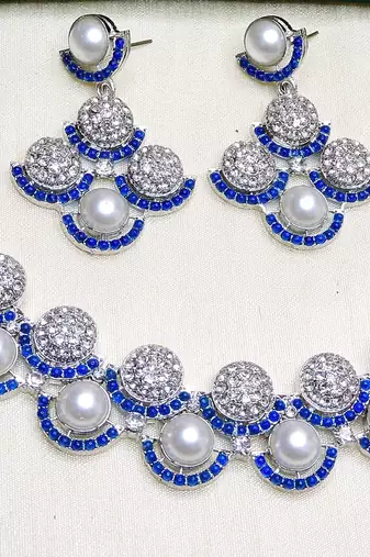 Blue rhodium premium designer american diamond and stone work necklace set