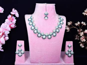 Green rhodium premium designer american diamond and stone work necklace set 1