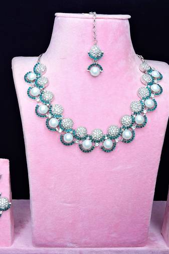Green rhodium premium designer american diamond and stone work necklace set