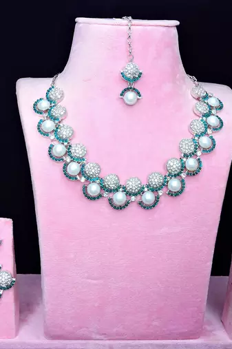 Green rhodium premium designer american diamond and stone work necklace set