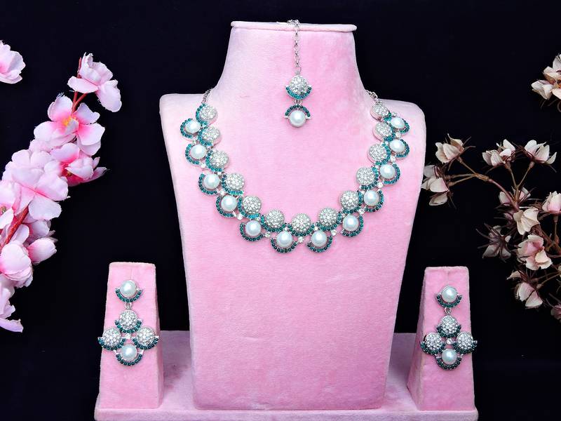 Green rhodium premium designer american diamond and stone work necklace set