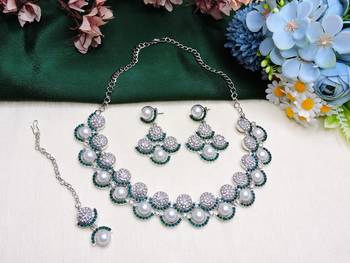 Green rhodium premium designer american diamond and stone work necklace set 2