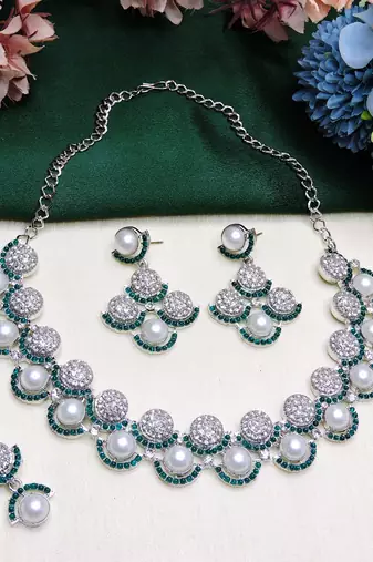 Green rhodium premium designer american diamond and stone work necklace set