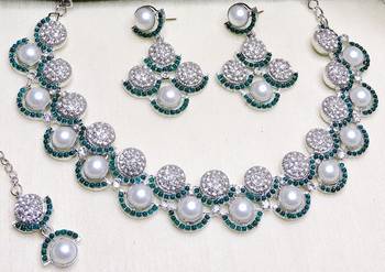 Green rhodium premium designer american diamond and stone work necklace set 3