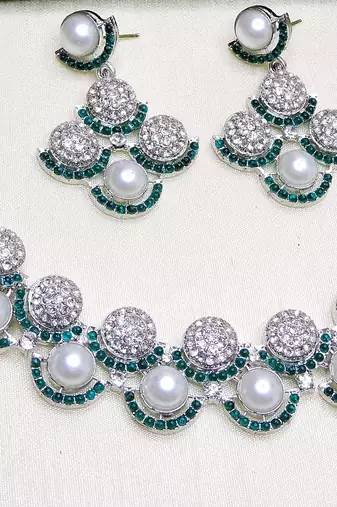 Green rhodium premium designer american diamond and stone work necklace set