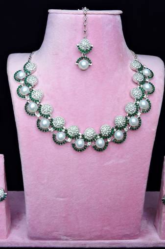 Green rhodium premium designer american diamond and stone work necklace set