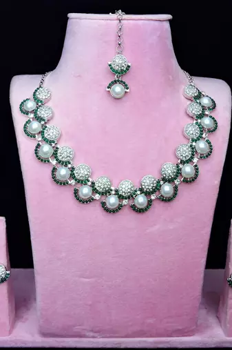 Green rhodium premium designer american diamond and stone work necklace set