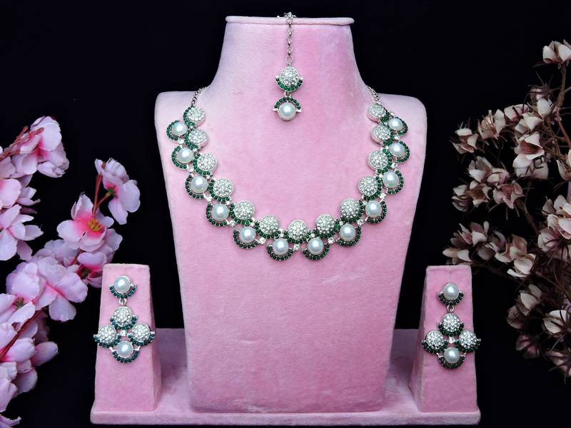 Green rhodium premium designer american diamond and stone work necklace set