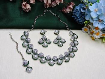 Green rhodium premium designer american diamond and stone work necklace set 2