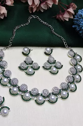 Green rhodium premium designer american diamond and stone work necklace set