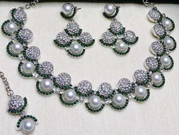 Green rhodium premium designer american diamond and stone work necklace set 3