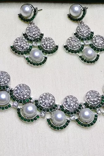 Green rhodium premium designer american diamond and stone work necklace set