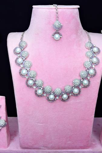 Purple rhodium premium designer american diamond and stone work necklace set