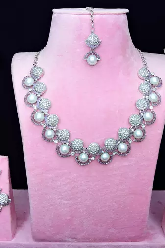 Purple rhodium premium designer american diamond and stone work necklace set