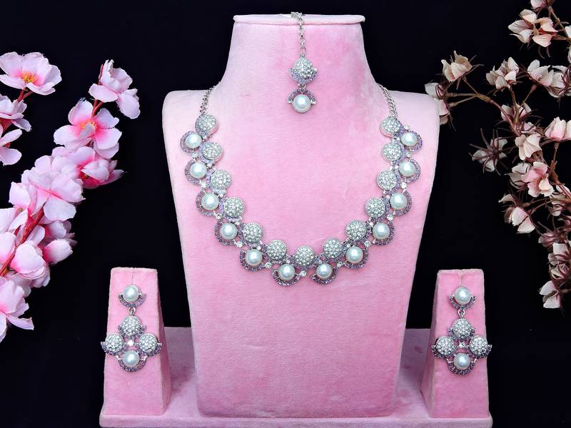 Purple rhodium premium designer american diamond and stone work necklace set
