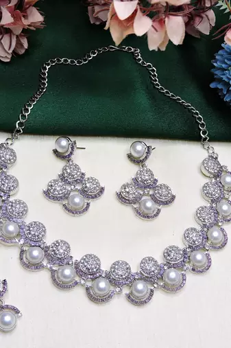 Purple rhodium premium designer american diamond and stone work necklace set