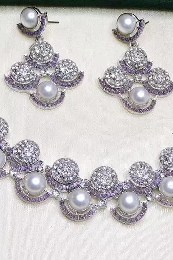 Purple rhodium premium designer american diamond and stone work necklace set