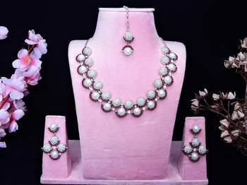 Maroon rhodium premium designer american diamond and stone work necklace set 1