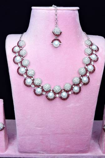 Maroon rhodium premium designer american diamond and stone work necklace set