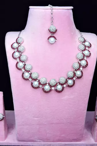 Maroon rhodium premium designer american diamond and stone work necklace set
