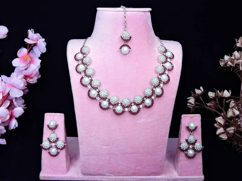 Maroon rhodium premium designer american diamond and stone work necklace set