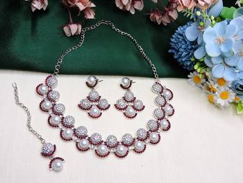Maroon rhodium premium designer american diamond and stone work necklace set 2
