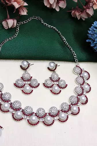 Maroon rhodium premium designer american diamond and stone work necklace set