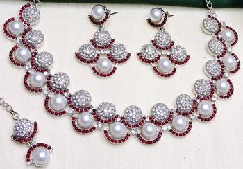 Maroon rhodium premium designer american diamond and stone work necklace set 3