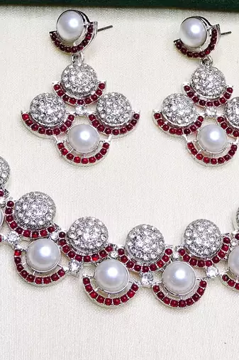 Maroon rhodium premium designer american diamond and stone work necklace set