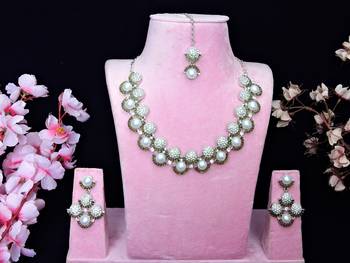 Green rhodium premium designer american diamond and stone work necklace set 1