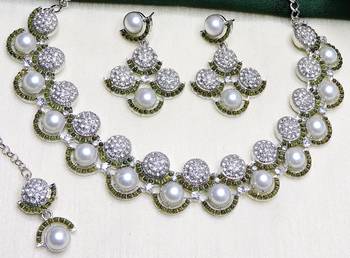 Green rhodium premium designer american diamond and stone work necklace set 2