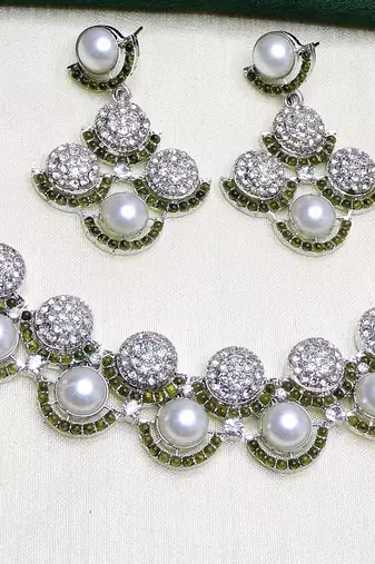 Green rhodium premium designer american diamond and stone work necklace set