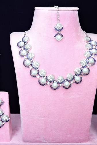 Blue rhodium premium designer american diamond and stone work necklace set