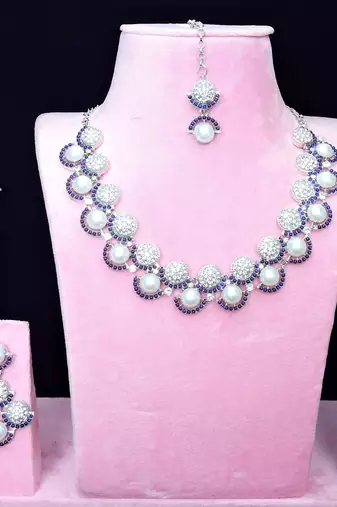 Blue rhodium premium designer american diamond and stone work necklace set
