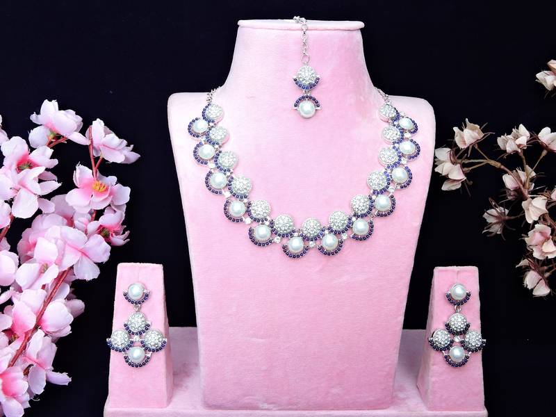 Blue rhodium premium designer american diamond and stone work necklace set